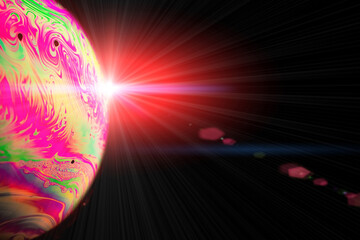Abstract background planet. Globe planet earth in galaxy universe space with sun on black...