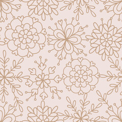 Boho lace doodle snowflakes vector seamless pattern. Whimsy Christmas winter modern festive ornate background. Seasonal holidays linear geometric graphic design