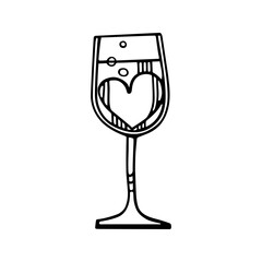 A glass of wine with bubbles and cute heart. Hand-drawn vector illustration in the style of doodles. A declaration of love. World Wine Day. For card, sticker, Valentine's Day, menu, poster, logo.