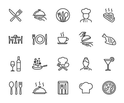Vector set of restaurant line icons. Contains icons menu, serving food, chef, wine list, cutlery, steak, tray and more. Pixel perfect.