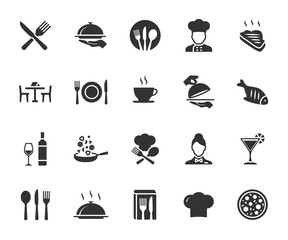 Vector set of restaurant flat icons. Contains icons menu, serving food, chef, wine list, cutlery, steak, tray and more. Pixel perfect.