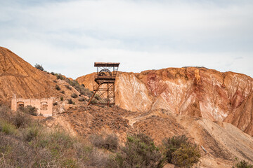Castle of access to an old mining shaft of the Abandoned Mines of Mazarrón. Murcia region. Spain