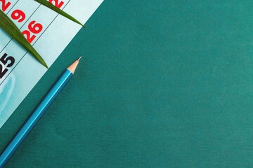 Palm leaf, calendar and pencil on a green table surface. Business and planning