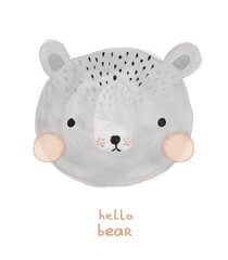 Hello Bear. Watercolor Painting with Cute Baby Bear. Nursery Art with Funny Teddy Bear on a White Background. Lovely Print ideal for Card, Wall Art, Poster, Kids Room Decoration. Woodland Party Decor.