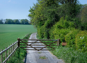Fototapeta premium Closed gate blocking off entry to a gravel farm road.