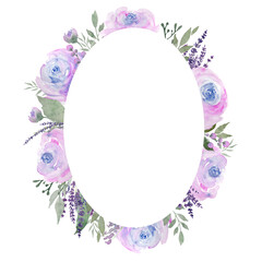 Watercolor purple rose frame for wedding invitation. Floral romantic border. Violet flowers wreath illustration