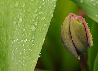 Tulip's bud next to green leaves on water drops, green background with space for text