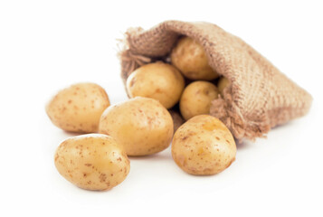 Raw potatoes in burlap bag isolated on white background