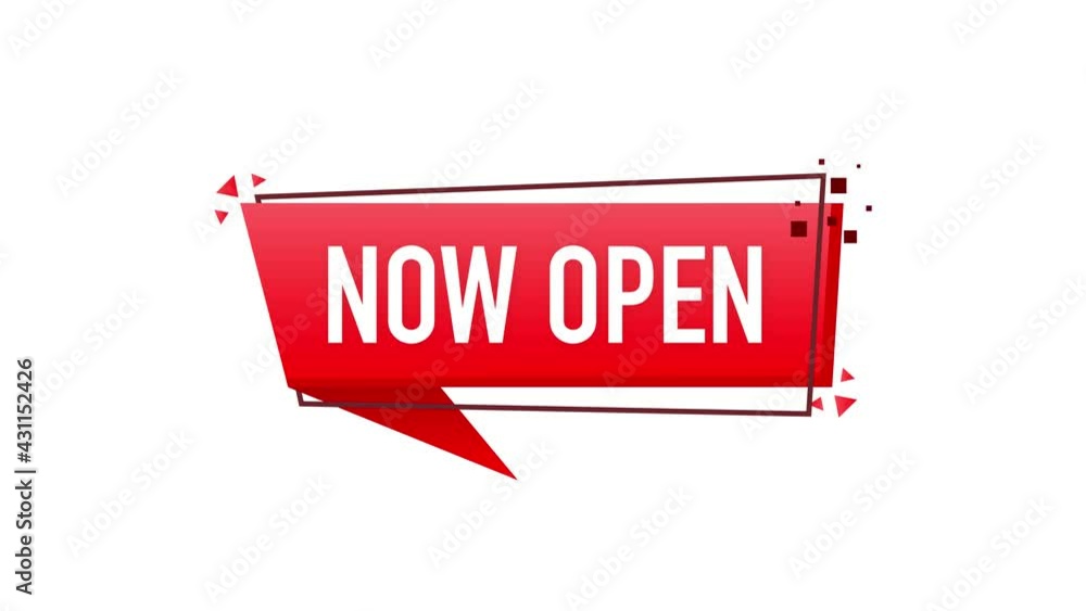 Poster now open red banner. label with text in flat style. motion graphics.