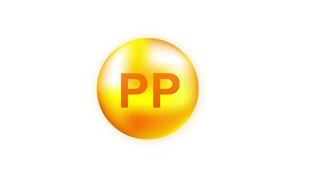 Vitamin complex PP with realistic drop on gray background. Particles of vitamins in the middle. Motion graphics.