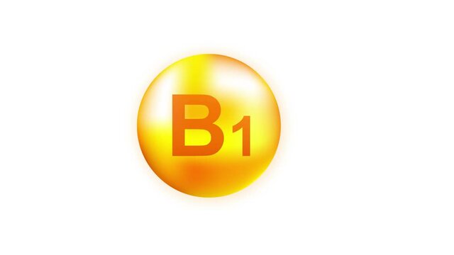 Vitamin B1 with realistic drop on gray background. Particles of vitamins in the middle. Motion graphics.