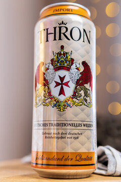 Tyumen, Russia-February 13, 2021: Thron Lager Germany, Dargun Reinheitsgebot, Deutsch, Import. selective focus