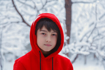 Child in a winter forest in a bright red sweater © justoomm