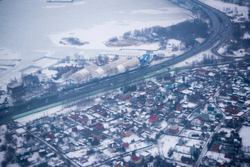  View of the snow-covered suburbs of Moscow from an airplane