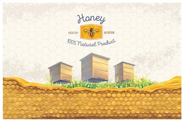 Fotobehang Bee apiary on a designer background, with honeycomb in the foreground and a symbolic illustration of a bee as a design element. © Rustic