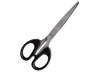Closed scissors with black handles on white background, isolated.