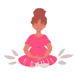Calm Pregnant Girl is doing Yoga. Deep meditation and Thoughtful Lifestyle. Vector illustration isolated on white background with minimalistic floral decoration.