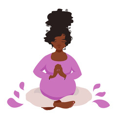 Thoughtful Pregnant Girl is doing Yoga in Lotus Pose. Vector illustration isolated on white background with minimalistic floral decoration.