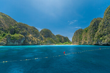 Tropical beach background. Panoramic views of Maya Bay. overlooking clear water and beautiful sky....