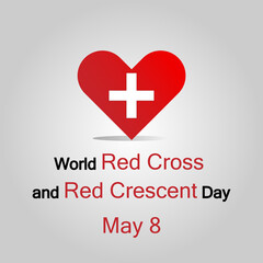 Vector Illustration flat design. World Red Cross and Red Crescent Day concept. May 8. White Red Cross symbol on a red heart. Gray background.