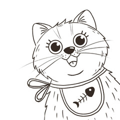 Cute funny cartoon hand-drawn illustration of a cat in a bib for a children's book or coloring book.