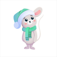 Cute cartoon illustration of New Year's winter gray mouse in a turquoise scarf and scarf. Character, mascot for the holiday.