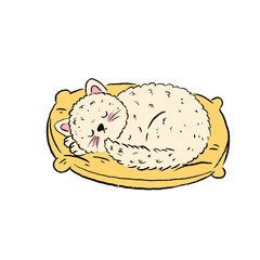 Cute cartoon illustration of a white fluffy cat sleeping on a yellow pillow, hand drawn. The concept of rest, relaxation.