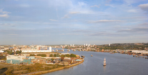 Fototapeta na wymiar London Skyline, seen from the Emirates Air Line cable car