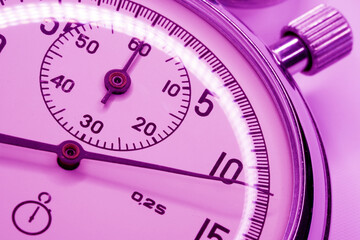Stopwatch close-up. Chronograph round isolated on background. Macro. Clock. Scale of the measuring...
