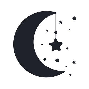 recommend clip art: Vector silhouette of the crescent moon and stars in the night sky Isolated on background