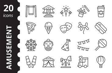 Fototapeta premium Amusement park linear icons. Entertainment concept. Collection vector symbols.