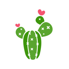 Cactus vector. A variety of cacti that are blooming are pink hearts. Isolated on white background.