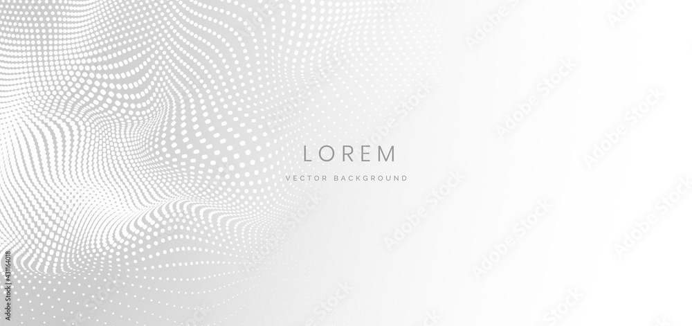Poster abstract white halftone dots wave pattern background with copy space for text.