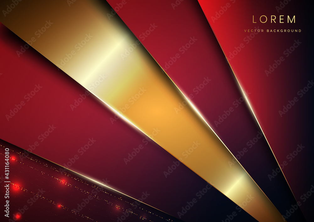 Poster abstract background red geometric overlapping layer with shadow with gold line luxury style.