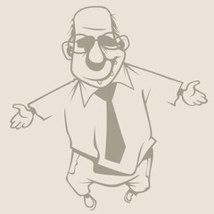 sketch of a cartoon balding man joyfully greeting with open arms
