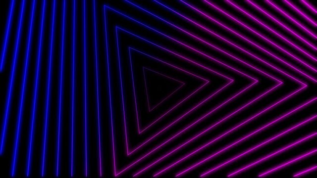 Geometric triangle shape. Animation motion of neon triangles with displacement effect on a black background. Radio wave effect. Loop animation with hypnotic effect. 80s style. Abstract background