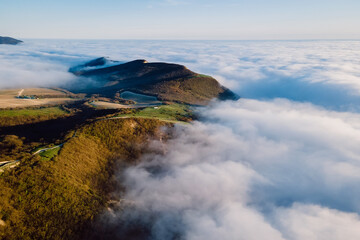 Aerial view with creeping clouds and mountains in Anapa.