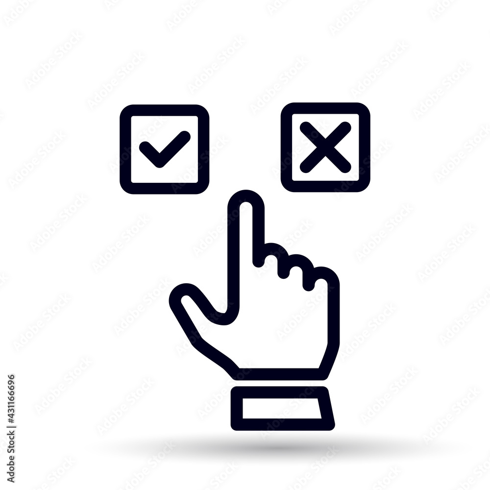 Poster hand click in check or cross line icon in simple design on white background. choose concept. cursor 