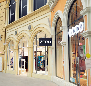Moscow, Russia - 04.18.21 Showcase of Ecco an Climber Bycuno shop in shopping center