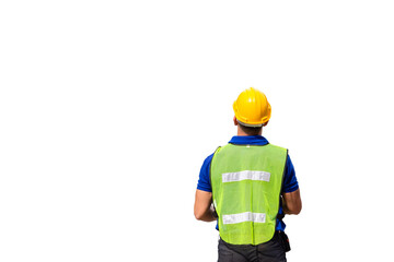 Foreman worker man with clipping path in hard hat and safety vest on white background for concepts