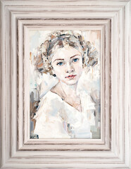 Framed young girl with beautiful mysterious blue eyes on a white background. Primary colors: white, brown, grey, pink.
