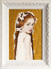 Framed oil painting. Portrait of a girl on a gold background. The art is done in a realistic manner.