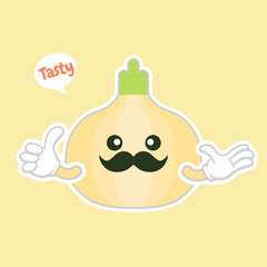 Onion. Cute vegetable vector character set isolated on color background. Funny and healthy food. Vitamins contained in onion. Food with cute face. Vector cartoon. Vector illustration of vegetable isol