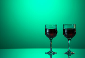 Red Wine in glasses on the green background