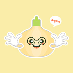 Onion. Cute vegetable vector character set isolated on color background. Funny and healthy food. Vitamins contained in onion. Food with cute face. Vector cartoon. Vector illustration of vegetable isol