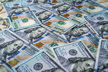 One hundred loddars top view macro. Background with money american hundred dollar bills