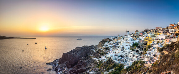Oia panorama at sunset, Santorini (Thira), Greece