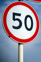 Road signs speed limit 50 km per hour. Close up shot