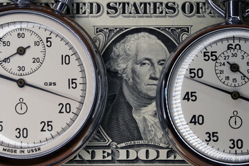 Stopwatch close-up. Chronograph round isolated on background. Macro. Clock. Scale of the measuring...
