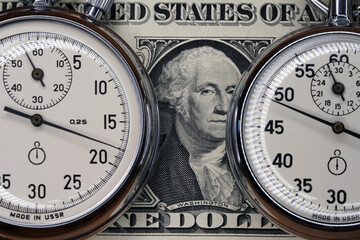 Stopwatch close-up. Chronograph round isolated on background. Macro. Clock. Scale of the measuring...